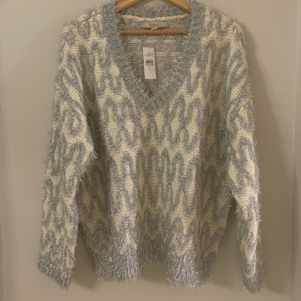 LOFT V-Neck Sweater in Metallic Gray and Cream